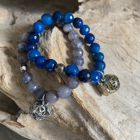 💙Set/2 Beaded Gem Stone Stretch Bracelets Blue/Grey - Picture 2 of 8